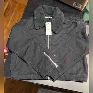 NWT Wrangler + Staud Minimalist Black Jean Jacket with Black Sherpa Collar Sz S